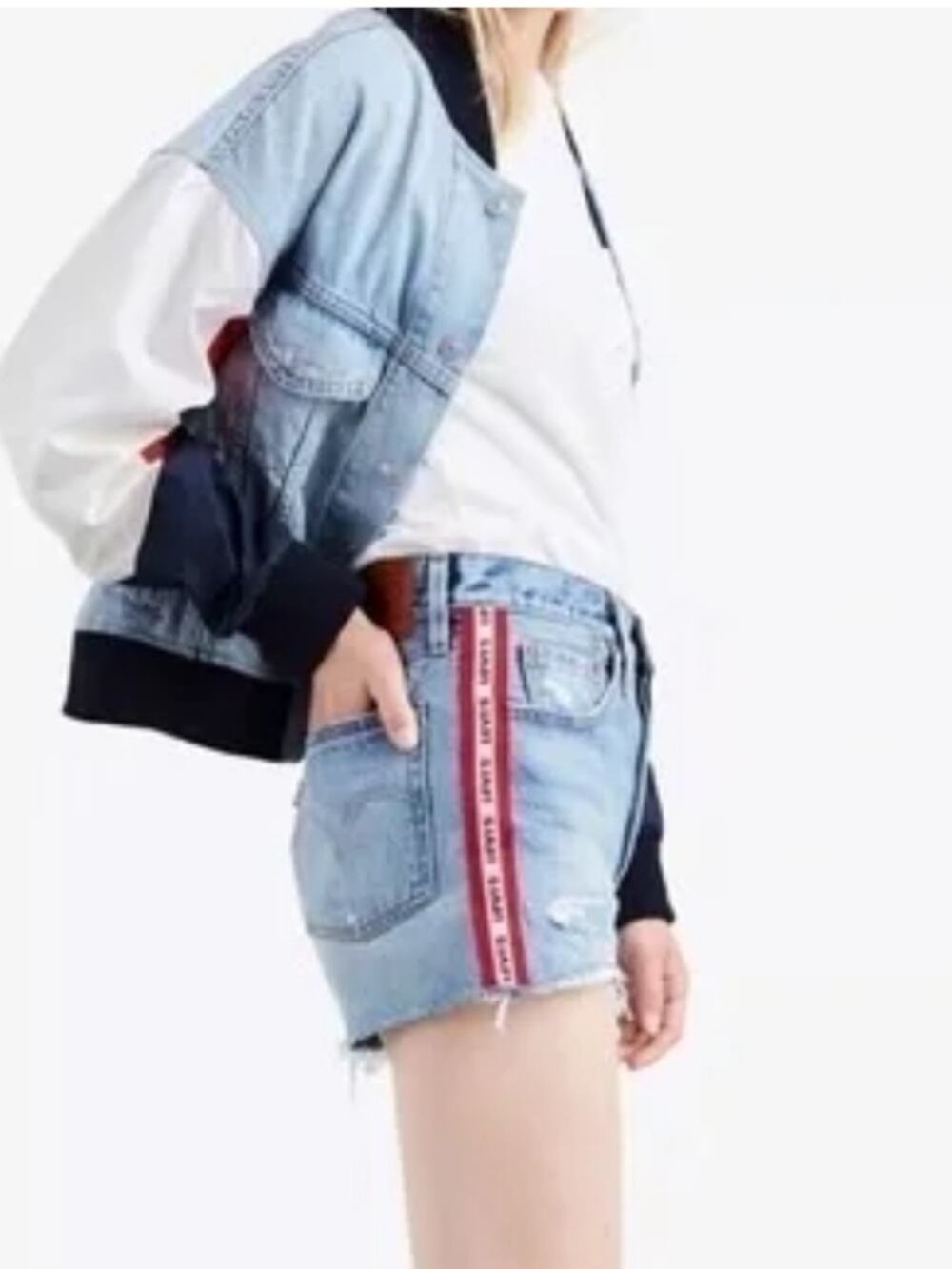Levi's 501 high waisted cotton Light Blue Denim Shorts with Red Side Stripe